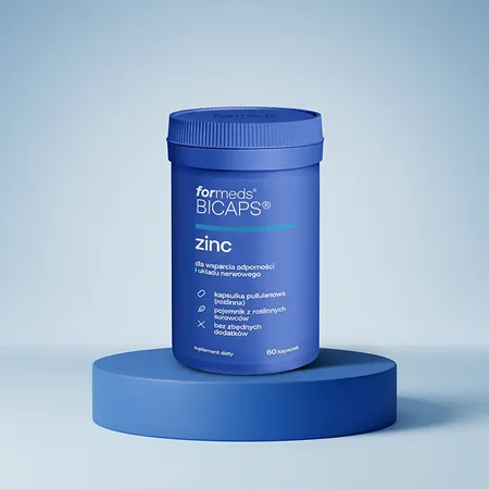 Słoik Bicaps Zinc Formeds na niebieskim podeście, 60 kapsułek